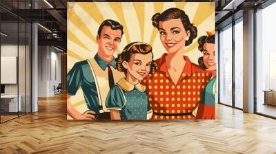 Vintage clip art of a happy family in a mid-century style in Modern EPS10 format Wall mural