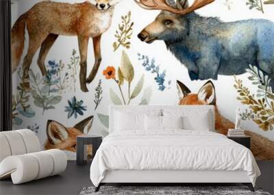 Watercolor illustration of fox, elk, and rabbits on a white background. Wall mural