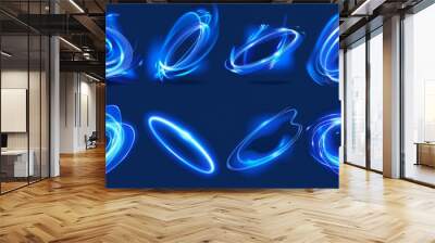 Waved blue neon light elements with swoosh effect. Light glowing swirl lines. Abstract 3d luminous and shine twirl trail. Wall mural