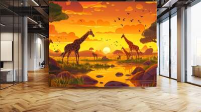 Wild nature of Africa, Kenya with green trees, rocks and grassland field at dusk is portrayed in this cartoon modern illustration of a savannah landscape with giraffes walking to a river at sunset. Wall mural