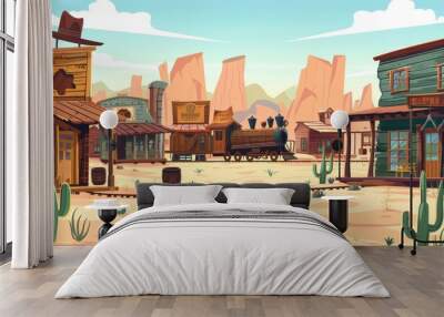 Wild west desert landscape with cactuses, railroad, and old wooden buildings. Modern cartoon illustration of vintage locomotive in wild west city. Wall mural