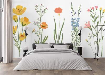 Wildflowers. Simple delicate blossoms in a field. Field floral herbs and stems. Beautiful gentle blooms isolated on white. Abstract botanical flat modern illustration. Wall mural