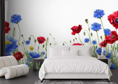 With chamomile, cornflowers, and poppies, there's a modern white background Wall mural