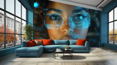 Woman’s face in glowing orange glasses reflecting digital data, symbolizing cyber intelligence, artificial intelligence, and futuristic data innovation in a tech environment. Wall mural