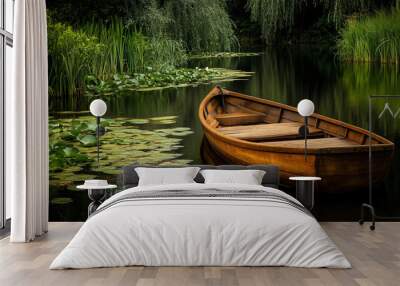 wooden rowboat on tranquil lake with lily pads and lush greenery - serene summer nature scene Wall mural