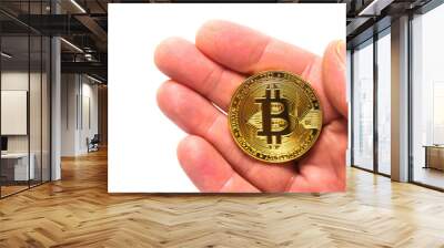 Bitcoin in hand in focus. White isolated background. Financial abstract background. Bank and money investment industry. Wall mural