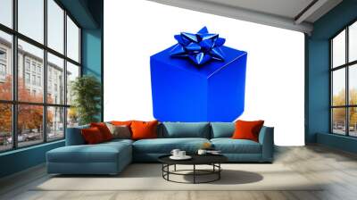 Blue paper gift box with ribbon on top on white background. Wall mural