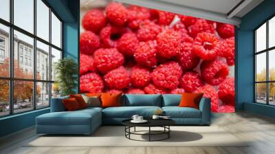 Red fresh juicy raspberry, Close up. Selective focus, Concept fresh fruit, healthy eating, organic produce. Wall mural