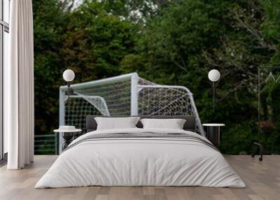 Soccer of football goal posts against dark trees background. Sport equipment. Selective focus. Wall mural