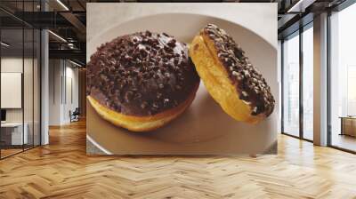 Two taste chocolate round doughnut on a white plate. Bakery product. Selective focus. Wall mural