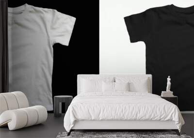 black cotton t-shirt on a white background. white cotton t-shirt on a black background Wall mural