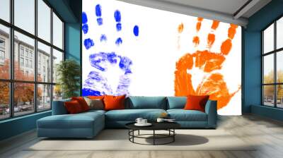 Blue and orange handprints isolated on a white background. Wall mural