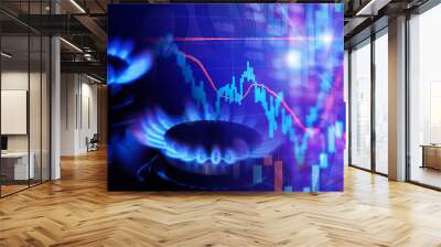 Natural gas cost growth concept with gas burners and stock charts Wall mural