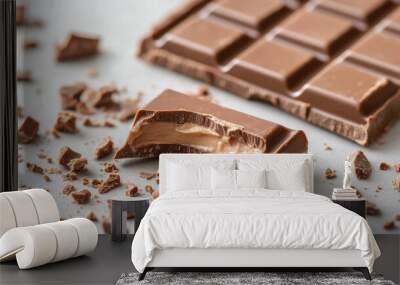 A broken piece of chocolate bar reveals creamy filling inside, surrounded by scattered chocolate crumbs. This image captures indulgent essence of chocolate Wall mural