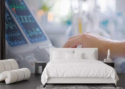 A healthcare professional adjusts pulse oximeter on medical monitor, showcasing vital signs and patient data in clinical setting. atmosphere conveys sense of urgency and care Wall mural