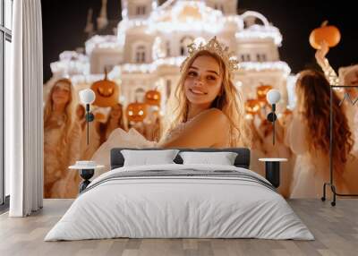 A joyful woman in stunning gown holds pumpkin, surrounded by friends in elegant costumes, celebrating Halloween at beautifully lit venue Wall mural