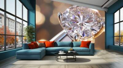 A stunning diamond ring sparkles brilliantly under bright lights, showcasing its exquisite cut and clarity. elegant setting enhances its beauty, making it perfect symbol of love and commitment Wall mural