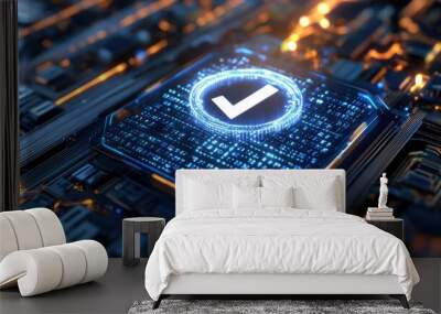 Abstract digital check mark glowing with a blue futuristic interface Wall mural