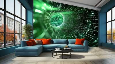 Abstract Green Digital Tunnel with Glowing Particles Wall mural