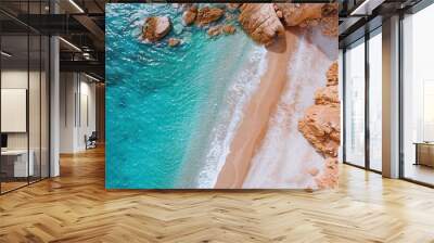 Aerial view beach rocky coastline and turquoise waters Wall mural