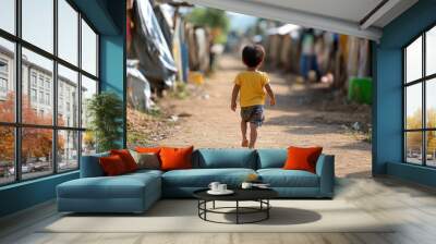 Barefoot child walking on a dirt road surrounded by shanties Wall mural