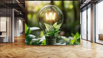 Eco-Friendly Light Bulb in Lush Green Environment Wall mural