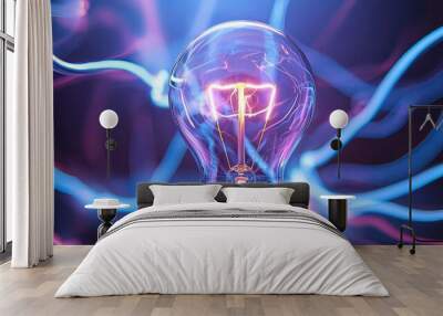 Electric Light Bulb with Neon Glow and Energy Waves Wall mural