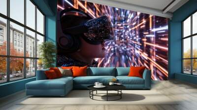 Explorer in virtual reality navigating through a digital maze with glowing walls and shifting pathways Wall mural