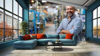 Factory owner in a high-tech manufacturing plant, overseeing operations with machinery in the background, dressed in business casual, showcasing leadership Wall mural