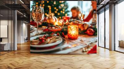 Festive Family Dinner with Christmas Tree Decor Wall mural