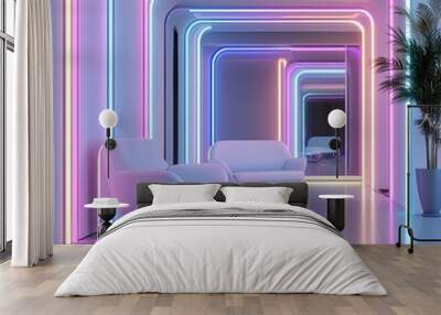 Futuristic Neon Corridor with Modern Furniture Wall mural