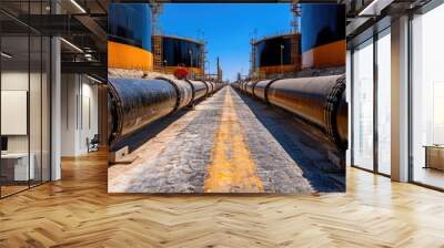 Massive oil storage tanks with safety warning signs and pipelines extending from them, highlighting the complexity of petroleum storage and handling Wall mural