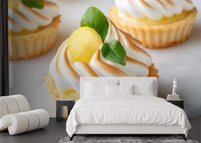 Mini lemon tart with meringue topping, white background, simple and fresh Wall mural