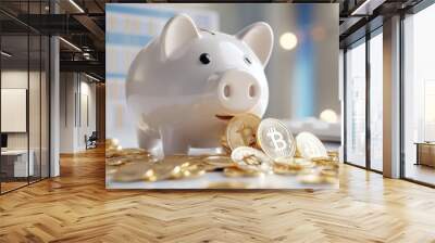 Piggy Bank with Cryptocurrency Coins Concept Wall mural