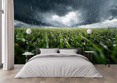 Rain Shower Over Lush Green Grass Landscape Wall mural