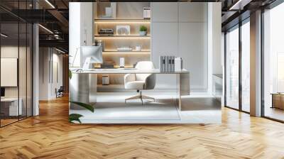 Soft-focus image of a contemporary home office with a sleek desk and modern shelving Wall mural