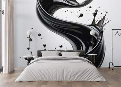  black water or juice wave flow with splatters, isolated realistic liquid swirl  Wall mural