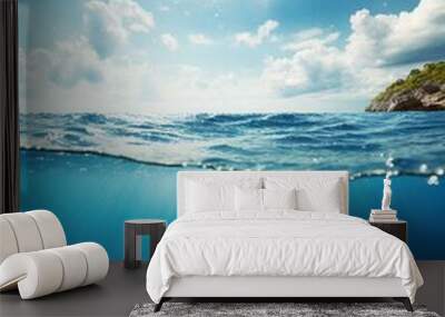  Blue sea or ocean water surface and underwater with sunny and cloudy sky  Wall mural