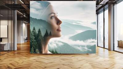  Double exposure of nature landscape mountain forest and woman face Wall mural