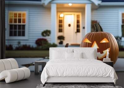  halloween pumpkin lantern at front of family house  Wall mural