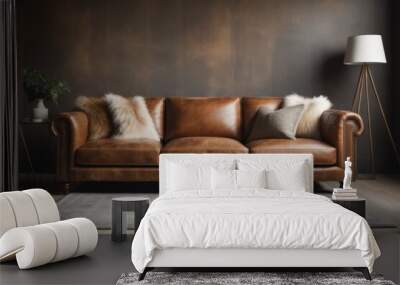  Interior of living room with brown leather sofa Wall mural