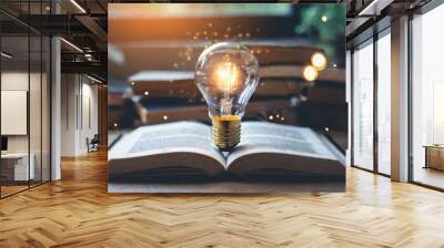  light bulb glowing on book, idea of ​​inspiration from reading, innovation idea concept, Self learning or education knowledge and business studying concept Wall mural