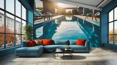  The electric blue sun is mirrored in the aqua liquid of a leisure centres swimming pool, creating a fun and relaxing atmosphere for recreation Wall mural