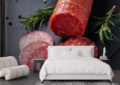  Traditional smoked salami sausage with spices. Pieces of salami sausage on a black cutting board Wall mural