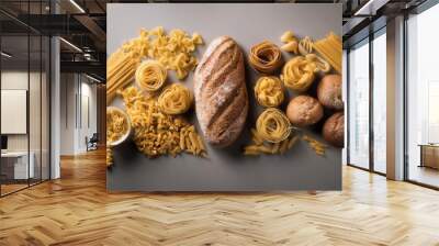  Various Types of Pasta and Bread Arranged on a Grey Background Wall mural