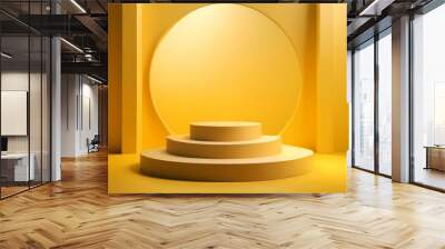 Abstract Pedestal of platform display with modern stand podium on yellow room background. Blank Exhibition stage backdrop or empty product shelf  Wall mural