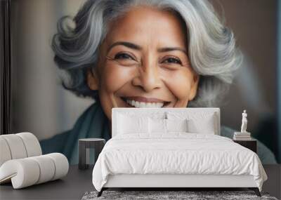 Beautiful gorgeous 50s mid age beautiful elderly senior model woman with grey hair laughing and smiling. Wall mural