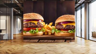 Big tasty burger and fries with beer on background on the wooden table Wall mural