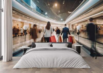 Blurred background of a modern shopping mall with some shoppers. Shoppers walking at shopping center, motion blur. Abstract motion blurred shoppers with shopping bags Wall mural