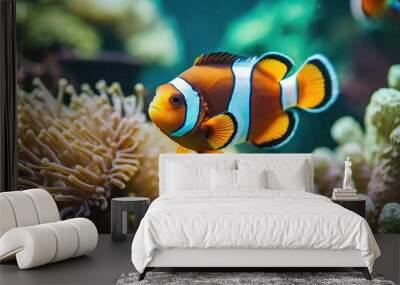 Close up of a brightly colored Clown fish swimming among the coral in aquarium tank  Wall mural